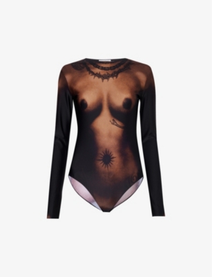 Shop Jean Paul Gaultier Women's Darknude Trompe L'oeil Slim-fit Stretch-mesh Bodysuit