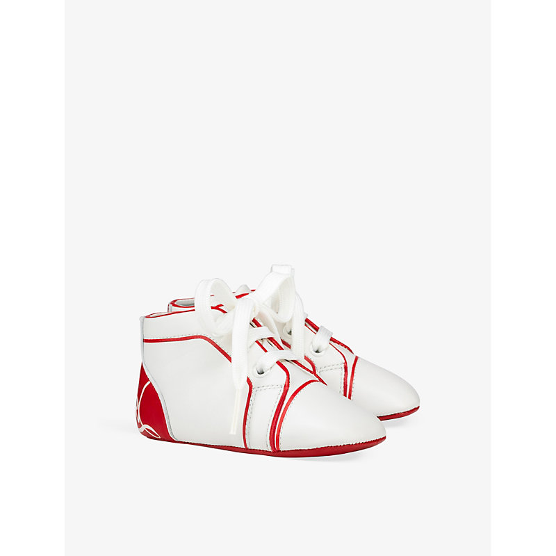 Shop Christian Louboutin Baby Funnytopi Logo-print Leather High-top Crib Shoes 6-12 Months In White