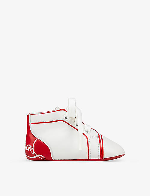 CHRISTIAN LOUBOUTIN: Baby Funnytopi logo-print leather high-top crib shoes 6-12 months