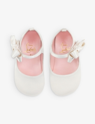 Christian Louboutin Bianco Baby Lou Babe Bow-embellished Leather And Silk Crib Shoes 6-12 Months In White