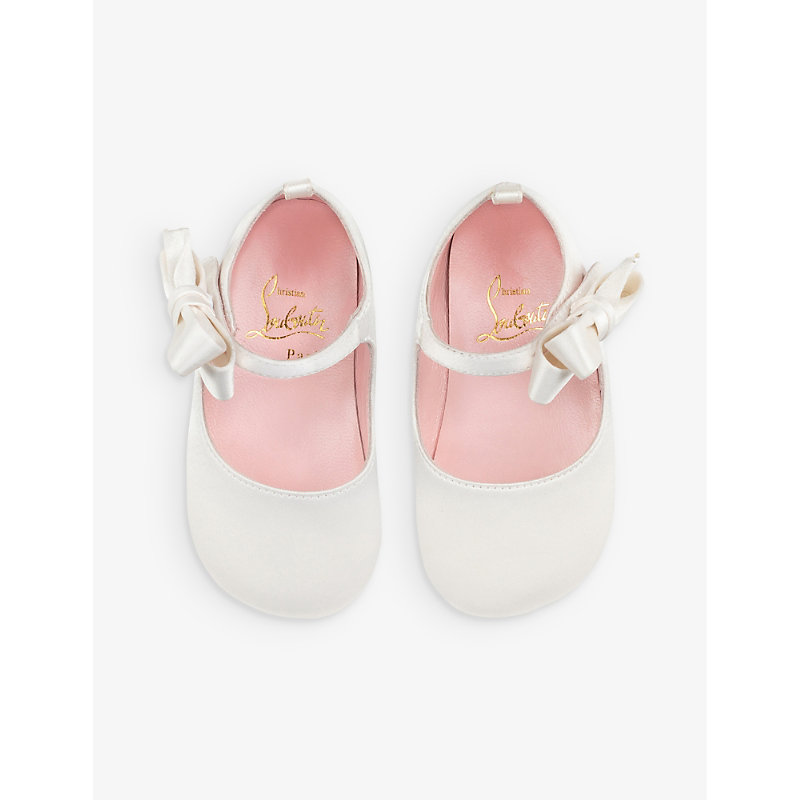 Shop Christian Louboutin Bianco Lou Babe Bow-embellished Leather And Silk Crib Shoes 6-12 Months In White