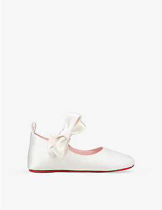 CHRISTIAN LOUBOUTIN: Lou Babe bow-embellished leather and silk crib shoes 6-12 months