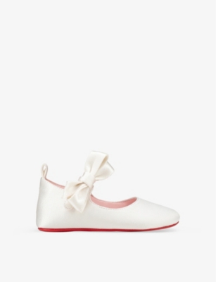 Christian Louboutin Bianco Baby Lou Babe Bow-embellished Leather And Silk Crib Shoes 6-12 Months In White