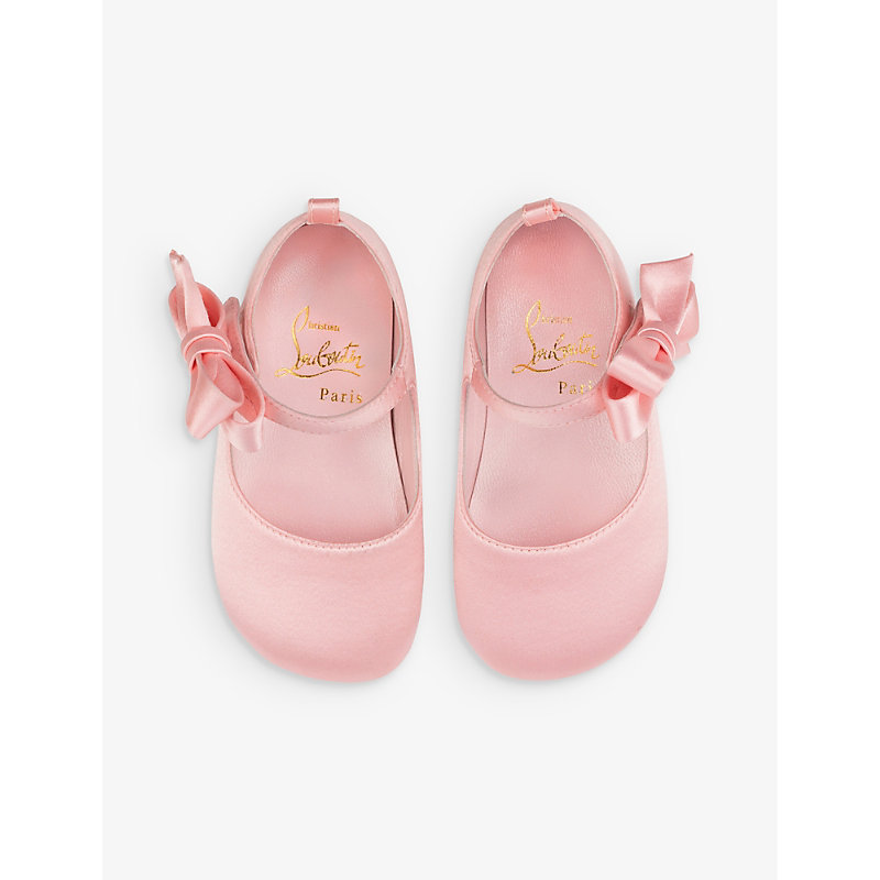 Shop Christian Louboutin Lou Babe Bow-embellished Silk And Leather-blend Crib Shoes 0-12 Months In Rosy