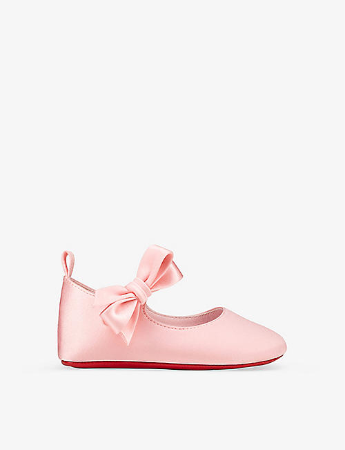 CHRISTIAN LOUBOUTIN: Lou bow-embellished silk and leather-blend crib shoes 0-12 months