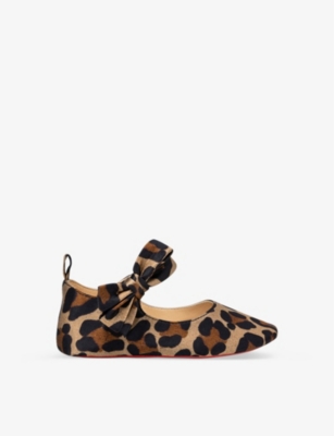 Louboutin Babies' Lou Leopard-print Silk Crepe And Leather-blend Crib Shoes 0-12 Months In Brown | ModeSens