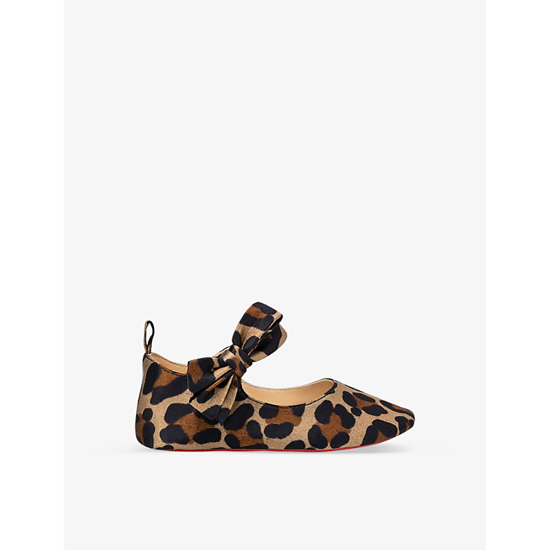 CHRISTIAN LOUBOUTIN CHRISTIAN LOUBOUTIN BROWN LOU BABE LEOPARD-PRINT SILK CREPE AND LEATHER-BLEND CRIB SHOES 0-12 MONTHS