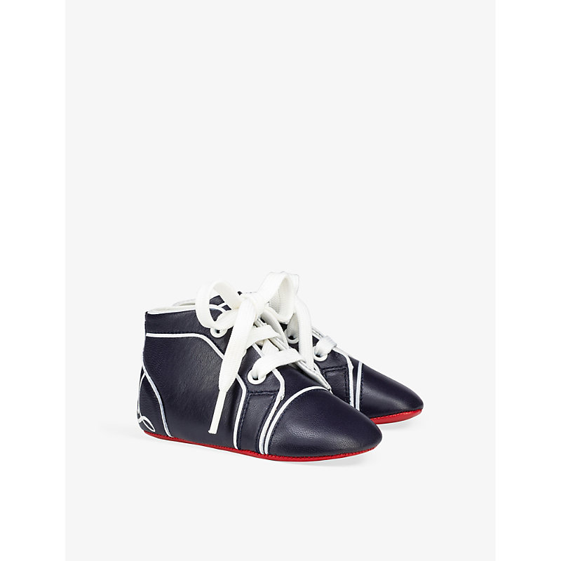 Shop Christian Louboutin Baby Funnyto Logo-print Leather High-top Crib Shoes 0-12 Months In Navy