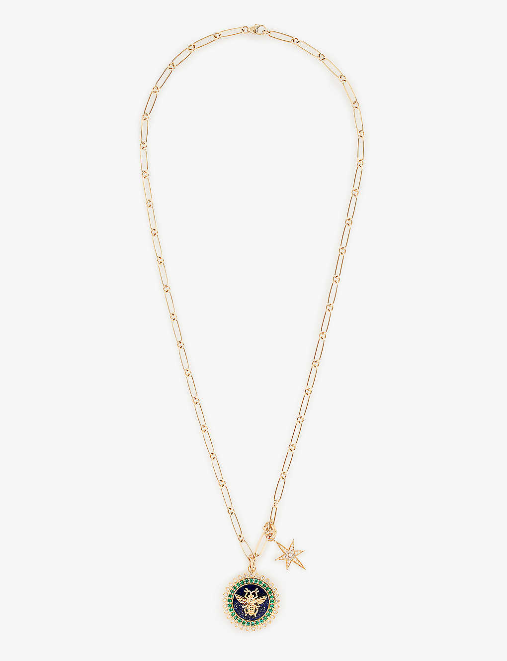 Storrow Bee Star 14ct Yellow-gold, Diamond, Emerald Lapis Lazuli And Pearl Charm Necklace In 14k Yellow Gold