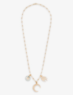 STORROW: Sparrow Crescent 14ct yellow-gold, diamond, aquamarine and pearl charm necklace