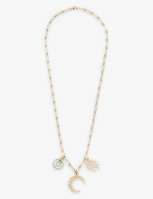 STORROW: Sparrow Crescent 14ct yellow-gold, diamond, aquamarine and pearl charm necklace