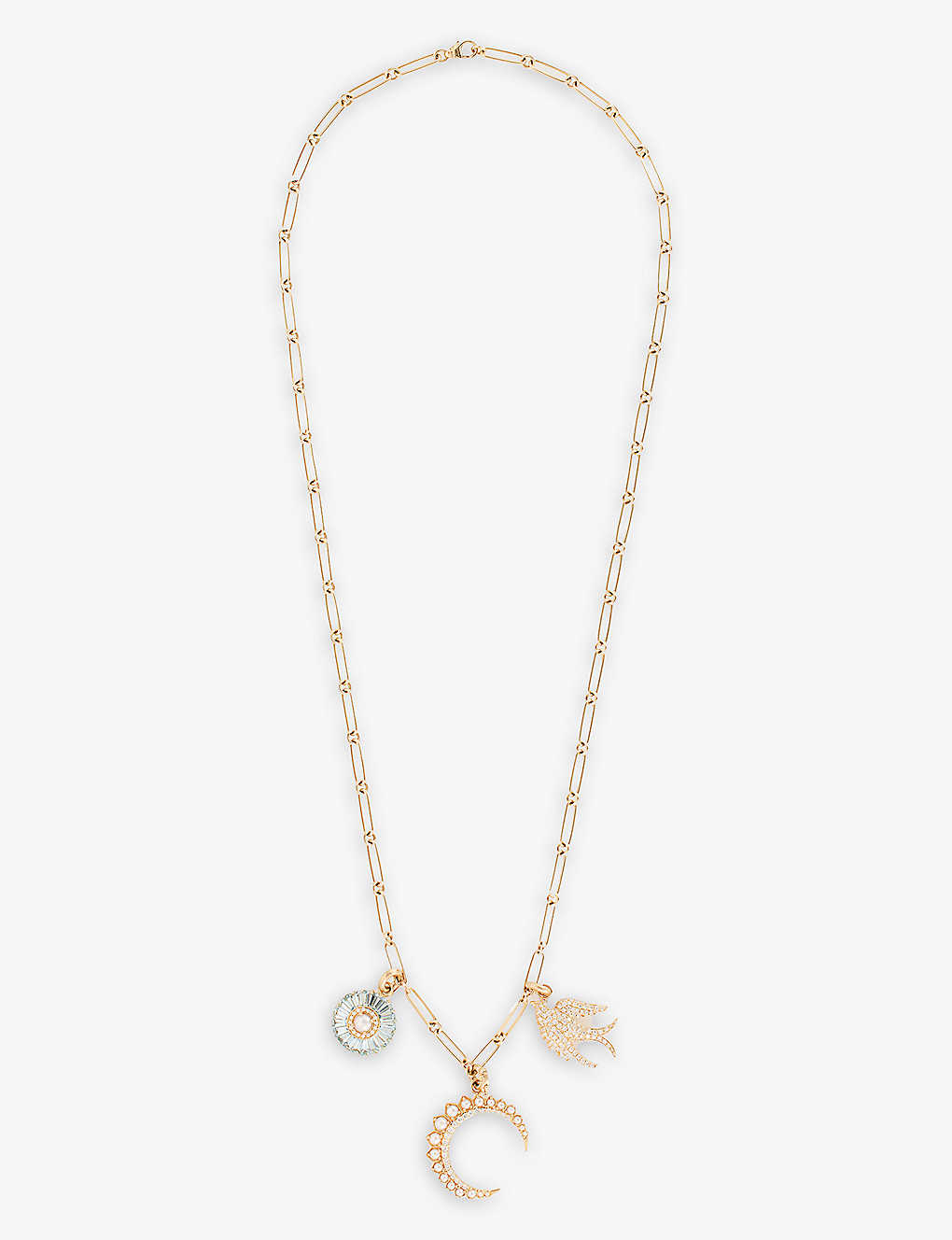 Storrow Sparrow Crescent 14ct Yellow-gold, Diamond, Aquamarine And Pearl Charm Necklace In 14k Yellow Gold
