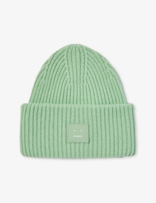 Acne Studios Face-patch Ribbed-knit Beanie In Spring Green