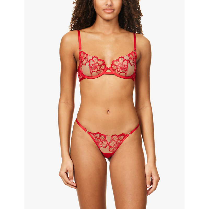 Shop Bluebella Catalina Floral-embroidered Mesh Bra In Tomato Red