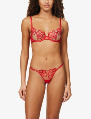 Shop Bluebella Catalina Floral-lace Stretch-woven Thong In Tomato Red