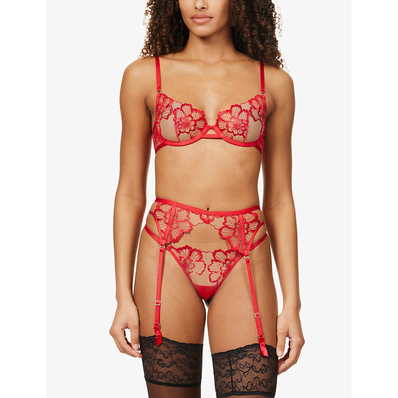 Shop Bluebella Women's Tomato Red Catalina Floral-embroidered Mesh Suspender