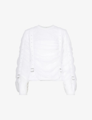 Noir Kei Ninomiya Womens White Buckle-embellished Ruched Cotton-jersey Top