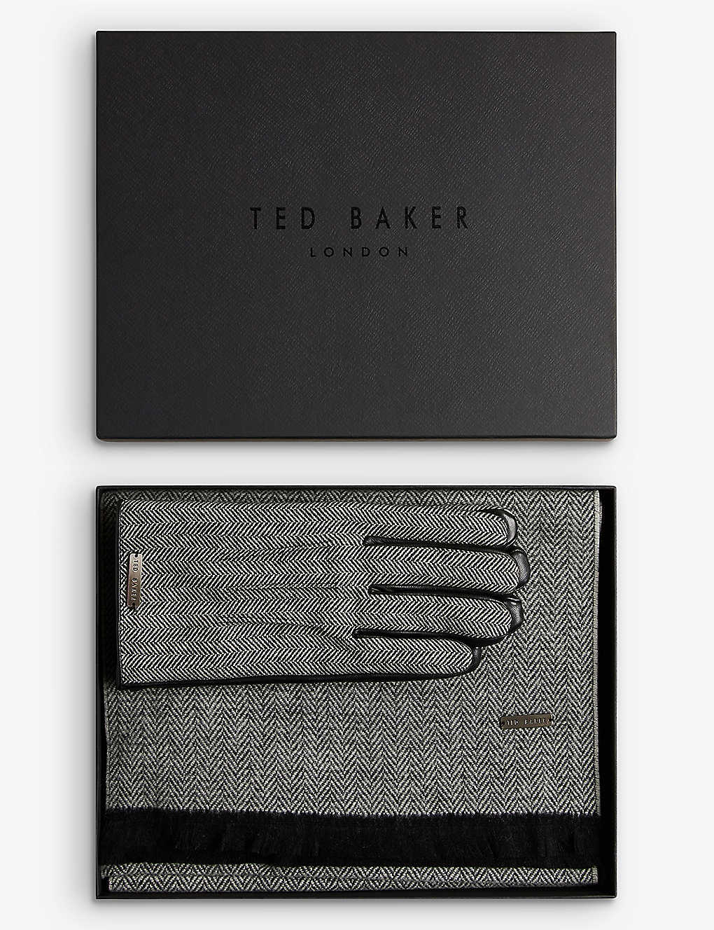 Ted Baker Mens Black Noahhh Herringbone-pattern Woven Scarf And Leather ...