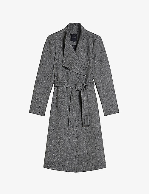 TED BAKER: Roseane belted-waist herringbone wool coat
