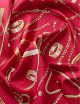 Shop Cartier Women's Red Precious Mundanity Logo-print Silk Scarf