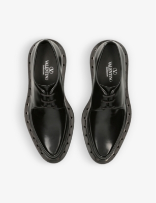 Shop Valentino Garavani Women's Black Rockstud Stud-embellished Leather Derby Shoes
