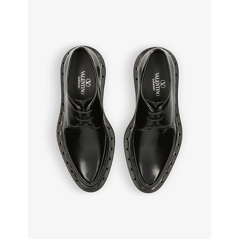 Shop Valentino Garavani Women's Black Rockstud Stud-embellished Leather Derby Shoes