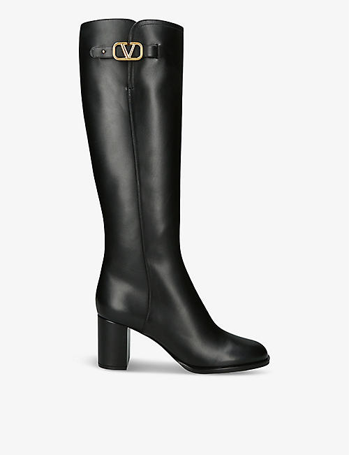 VALENTINO GARAVANI: VLogo brand-plaque leather heeled knee-high boots