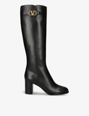 Valentino Garavani Womens Black Vlogo Brand-plaque Leather Heeled Knee-high Boots