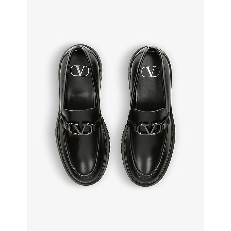 Shop Valentino Garavani Women's Blk/other Vlogo Logo-embellished Leather Loafers