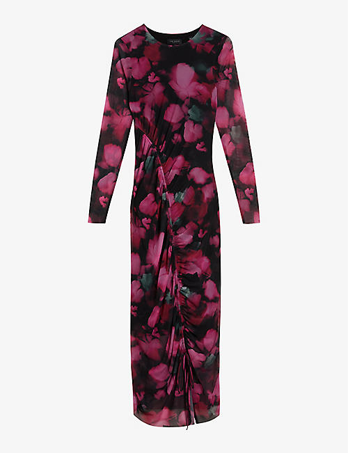 TED BAKER: Lilzaan floral-print ruched stretch-woven midi dress
