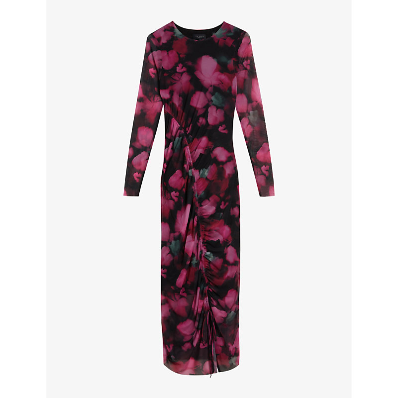 TED BAKER TED BAKER WOMEN'S PINK LILZAAN FLORAL-PRINT RUCHED STRETCH-WOVEN MIDI DRESS