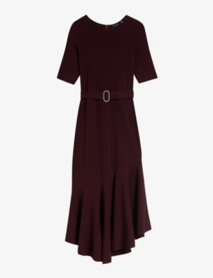 Shop Ted Baker Women's Dk-red Samalee Half-sleeve Ruffled-hem Stretch-knit Midi Dress