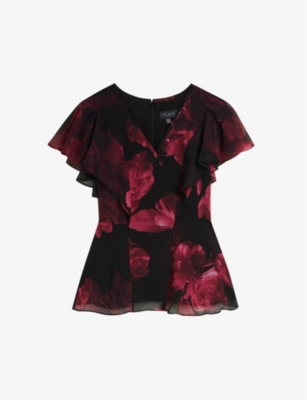 TED BAKER TED BAKER WOMENS BLACK BELAMAY FLORAL-PRINT ANGEL-SLEEVE WOVEN TOP