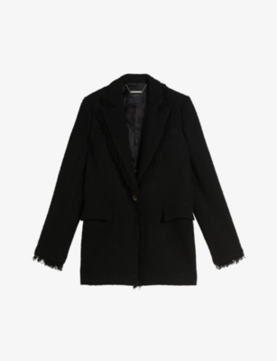 TED BAKER TED BAKER WOMENS BLACK KATYY FRINGED-TRIM SINGLE-BREASTED WOVEN JACKET