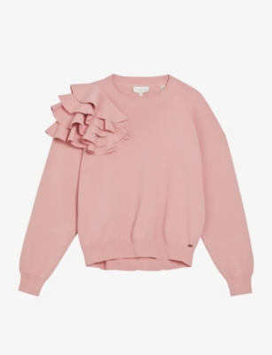TED BAKER TED BAKER WOMENS PINK DEBROH SHOULDER-RUFFLE KNITTED JUMPER