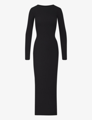 Skims Lounge Ribbed Long Sleeve Maxi Dress In Onyx Foil