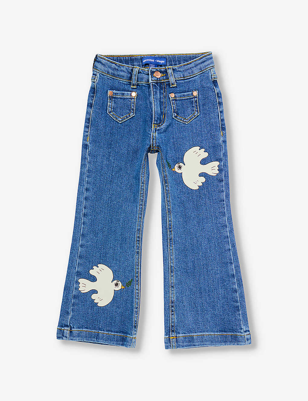 Mini Rodini Girls Blue Kids X Wrangle Peace Flared-leg Organic Stretch-denim Jeans 18 Months - 11 Ye