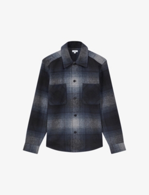 Shop Reiss Men's Blueidaho Regular-fit Checked Wool-blend Overshirt