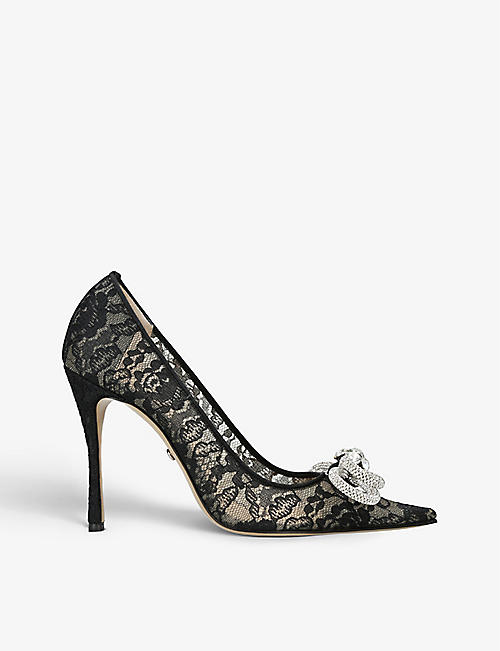 MACH & MACH: Double Bow crystal-embellished lace heeled courts