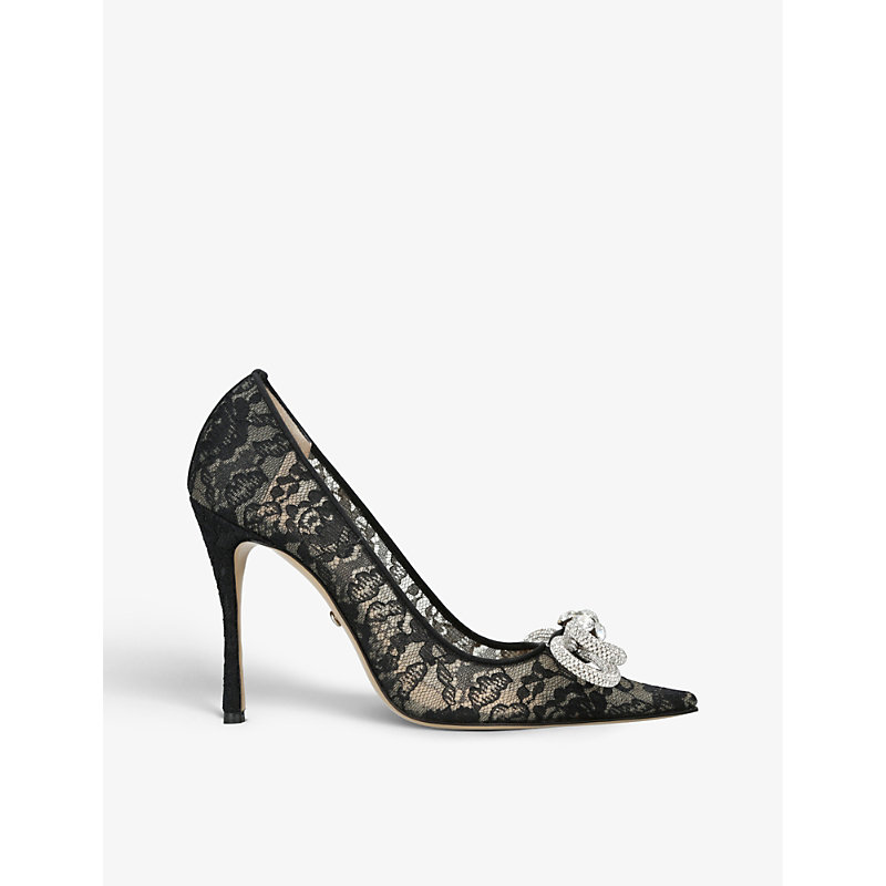 Mach & Mach Double Bow Crystal-embellished Lace Heeled Courts In Black