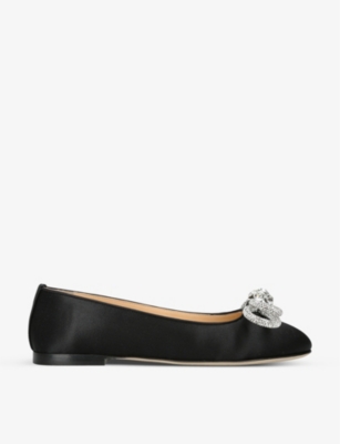 Mach&mach Double Bow Crystal-embellished Satin Point-toe Flats In Black