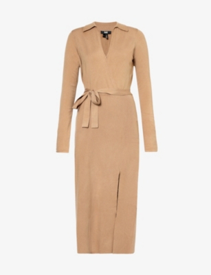 PAIGE PAIGE WOMENS DEEP CAMEL CARMEN WRAP-FRONT WOVEN-BLEND MIDI DRESS