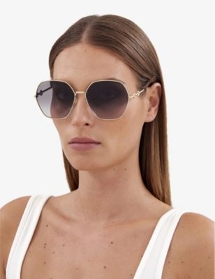 Shop Gucci Women's Gold Gg1335s Rectangle-frame Metal Sunglasses