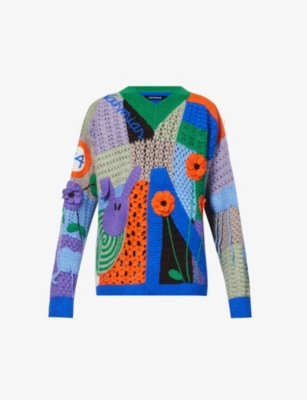 NAHMIAS NAHMIAS MENS RAINBOW CROCHET-EMBELLISHED PATCHWORK RELAXED-FIT ALPACA-WOOL KNITTED JUMPER