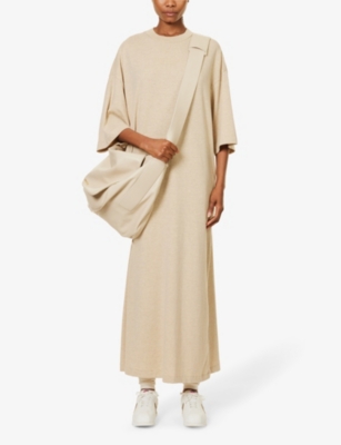 ESSENTIALS FEAR OF GOD ESSENTIALS WOMEN'S GOLD HEATHER ESSENTIALS LOGO-PRINT COTTON-BLEND MIDI DRESS 