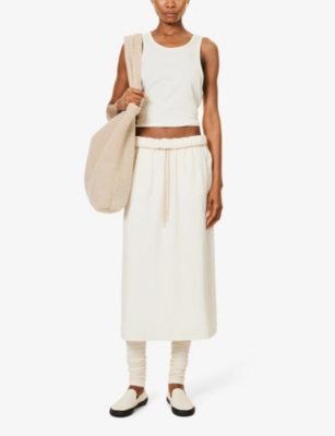 Shop Essentials Fear Of God  Women's Cloud Dancer Brand-appliqué Slip-pocket Cotton-blend Midi Skirt