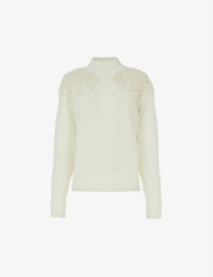 Leem Womens Off White Faux Pearl-embellished Knitted Woven Jumper In Cream