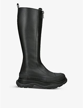ALEXANDER MCQUEEN: Tread Slick zip-up leather knee-high boots