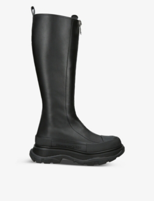 Alexander Mcqueen Womens Black Tread Slick Zip-up Leather Knee-high Boots