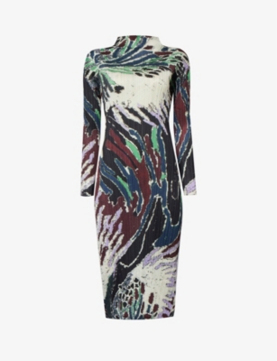 ISSEY MIYAKE PLEATS PLEASE ISSEY MIYAKE WOMEN'S BLACK FROSTY FOREST ABSTRACT-PATTERN KNITTED MIDI DRESS